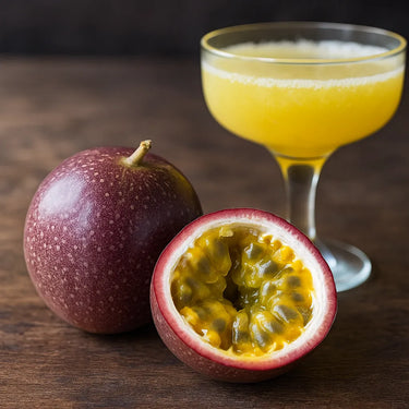 Passion fruit and a cocktail on a wooden surface
